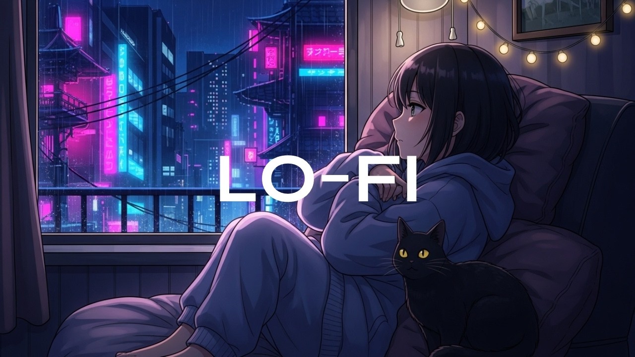 Rainy Cozy Night Lofi Mix with Cat Overlooking the City for Deep Focus ☂️🌙
