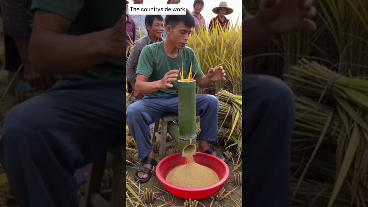 🌾🎋 Bamboo Tube Paddy Rice Thresher Field Harvest