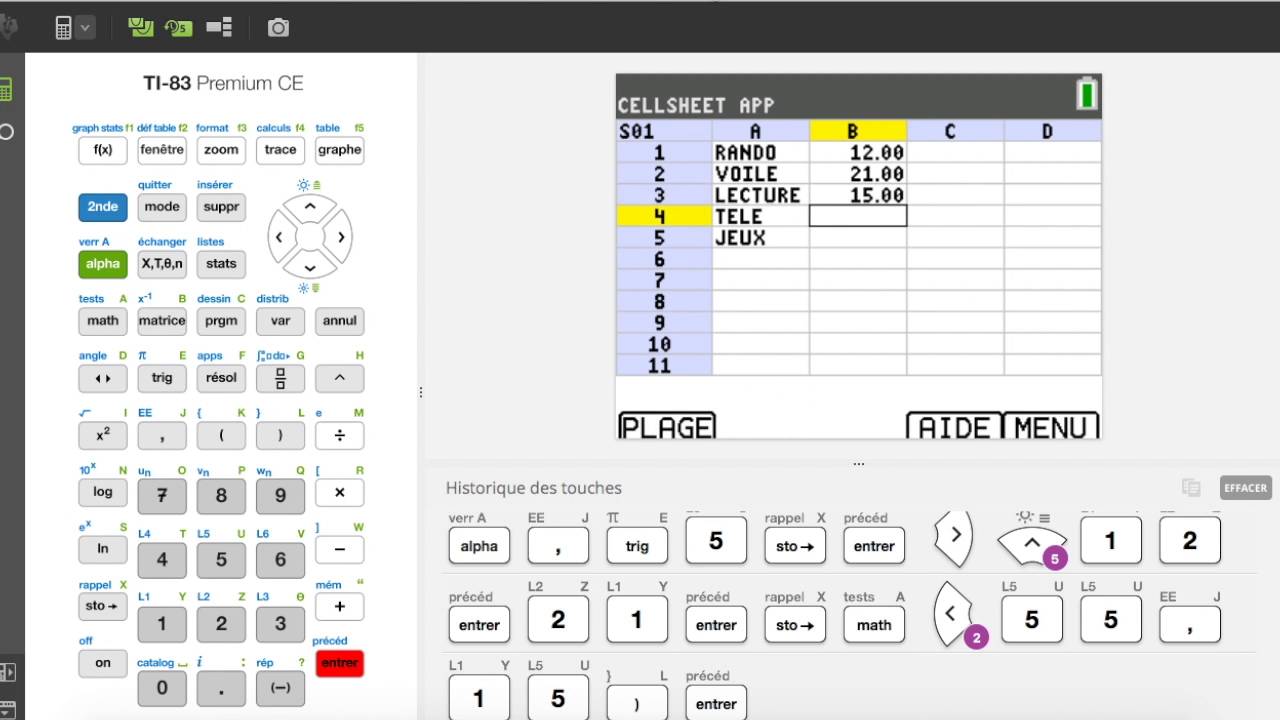 Utilisation du tableur Cell-Sheet de la TI-83 Premium CE