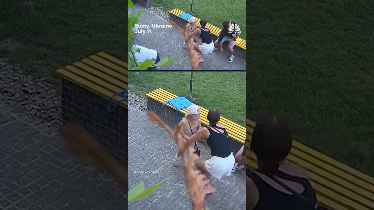 Surveillance video shows the moment a Russian strike hits near a cafe in northern Ukraine