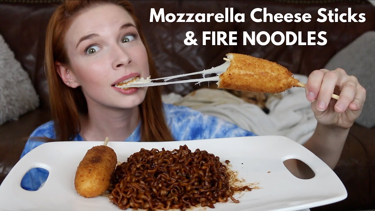 ASMR Black Bean Fire Noodles & Mozzarella Cheese Sticks MUKBANG (No Talking)