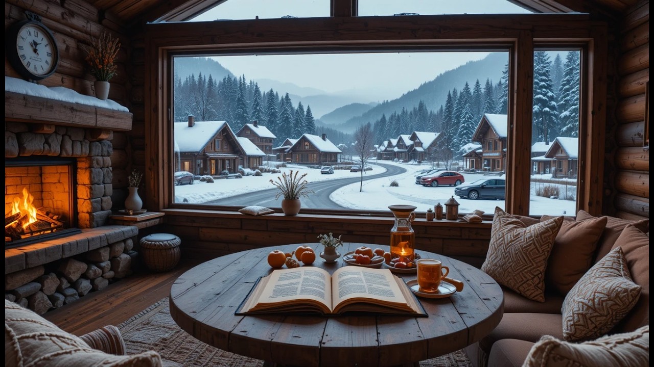 Snowy Jazz Evening by the Fireplace – Cozy Cabin Ambience with Soft Jazz & Winter Rain