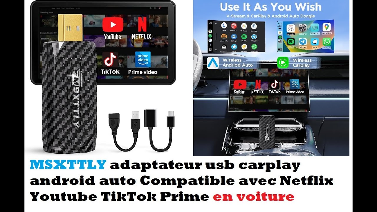 Адаптер MSXTTLY usb carplay android auto, совместимый с Netflix, Youtube, TikTok Prime в автомобиле