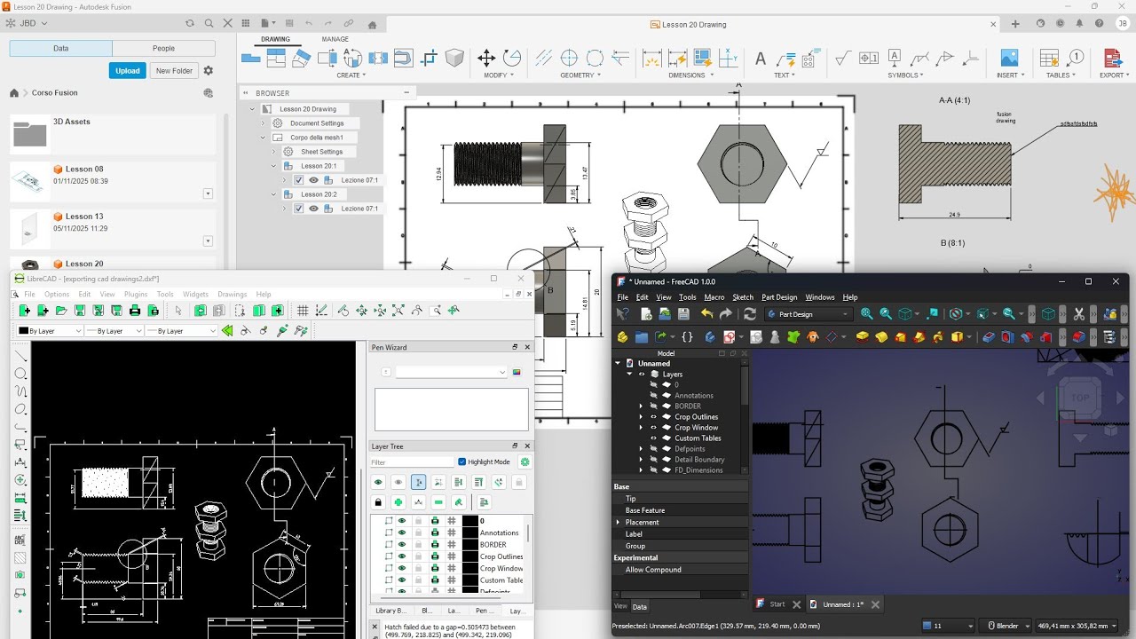 Видеогид — экспорт из Fusion, импорт в Librecad и Freecad, 2D-чертежи DXF, DWG, 3D-модель STL