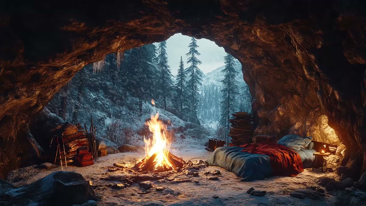 Midnight Cabin Snowfall: Cozy Fireplace Warmth to Calm Your Mind and Sleep Instantly