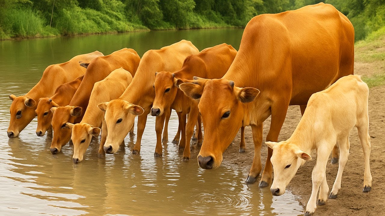 Kerumunan Sapi Lembu berlarian dan melompat di ladang hijau luas, Suara Sapi Moo, Sapi Lucu Di Sawah