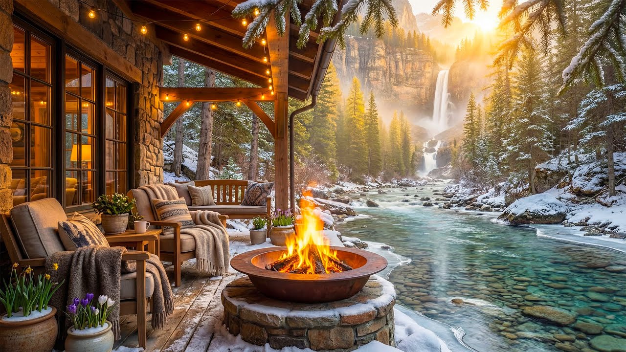 Tranquil Winter Riverside Cabin Porch 🔥 Cozy Fire Pit, Gentle River & Mountain Waterfall Ambience