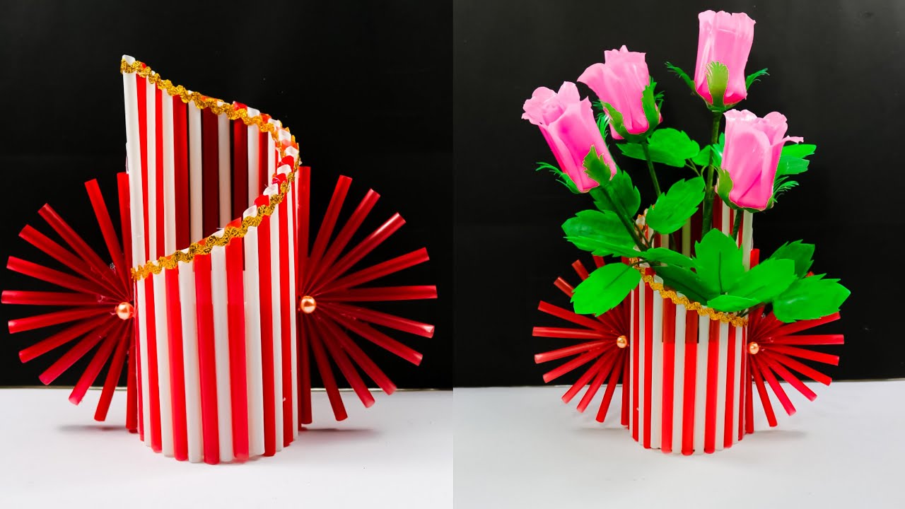 Kerajinan membuat VAS BUNGA dari sedotan mudah | vase flower crafts