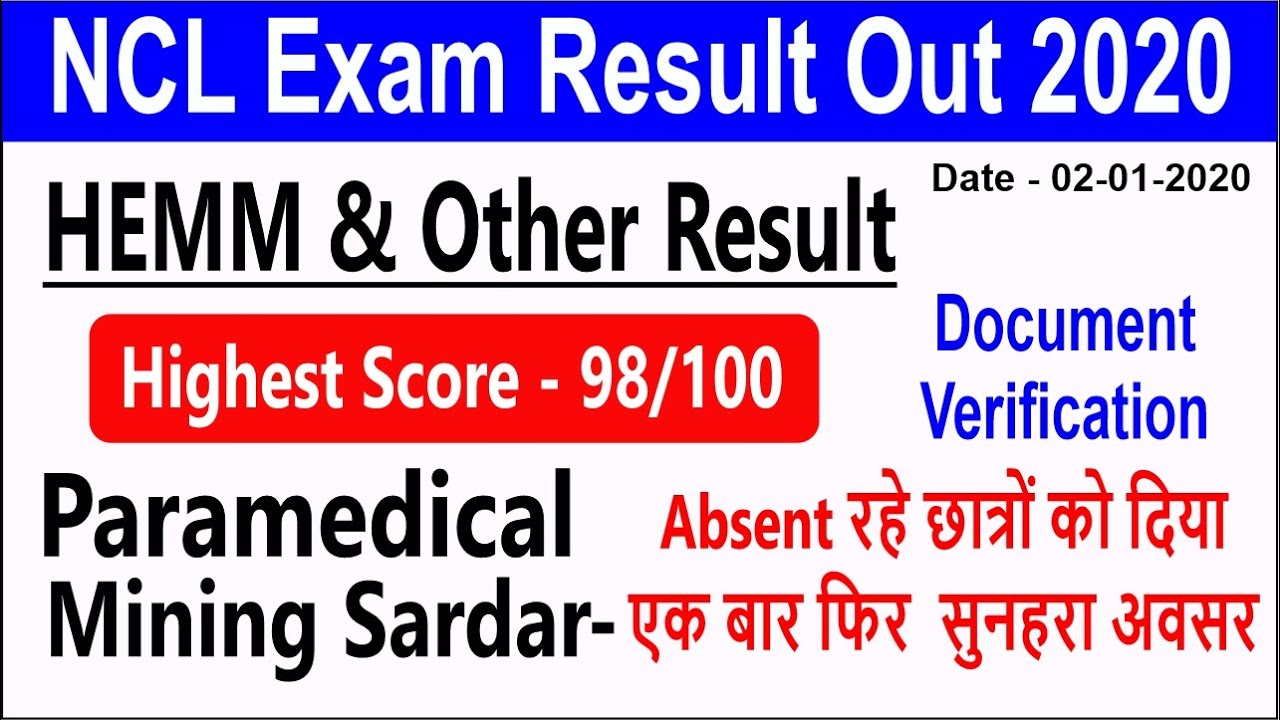 NCL Exam Result Out 2020 || HEMM & Other Post Document Verification