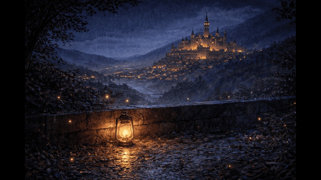 Rainy Night at the Castle Terrace | Relaxing Fantasy Ambience with Distant Thunder | Medieval Rain