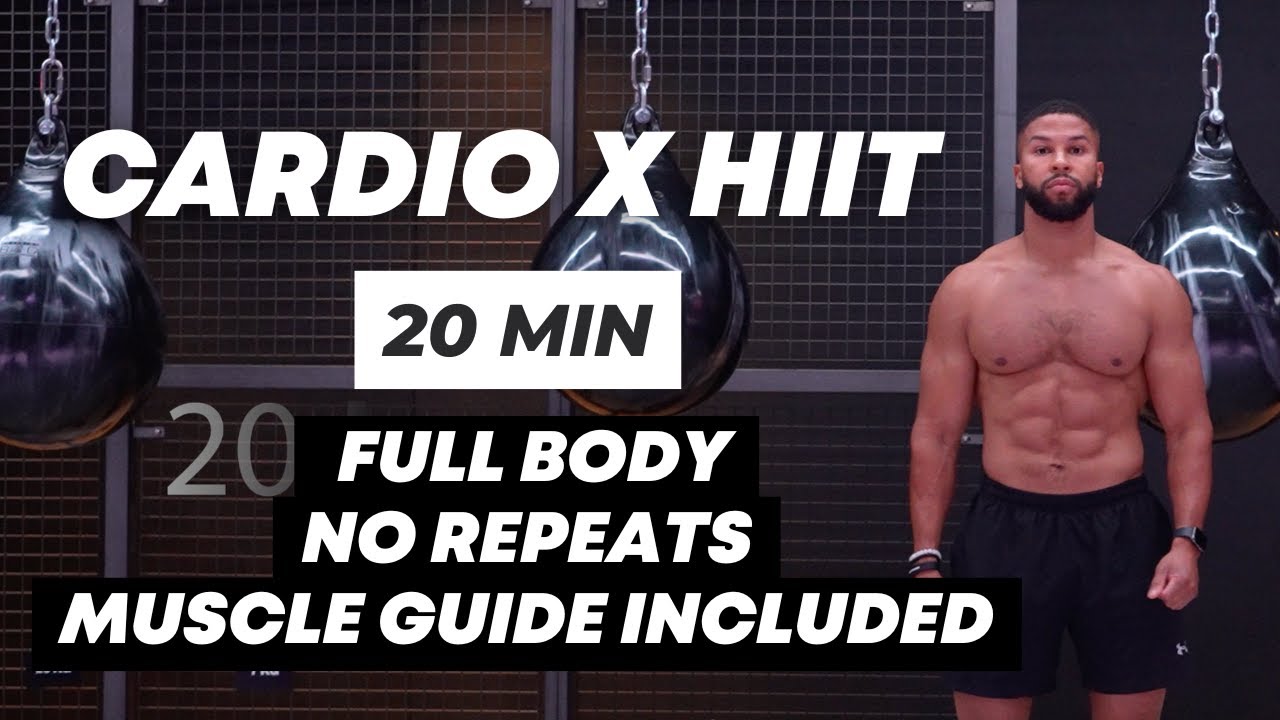 20 MIN CARDIO HIIT WORKOUT - FULL BODY, NO EQUIPMENT, NO REPEATS, MUSCLE GUIDE INCLUDED, FAT BURN