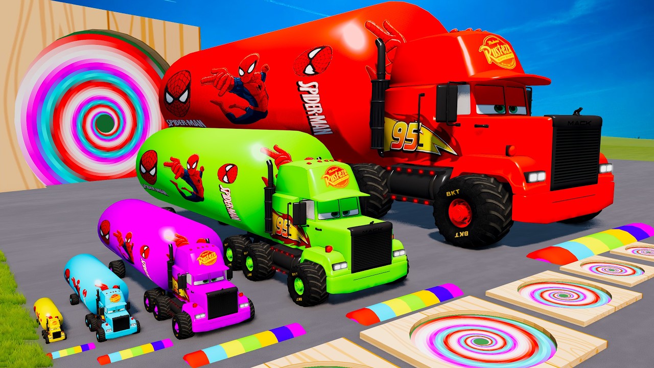Big & Small Colors Long Mack Truck with Portal Trap and Train - Cars vs Giant Pit | BeamNG.drive