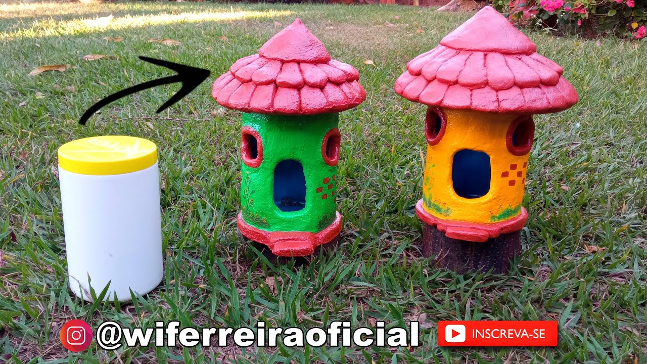 Como fazer casinhas para jardim reciclando pote de creme!