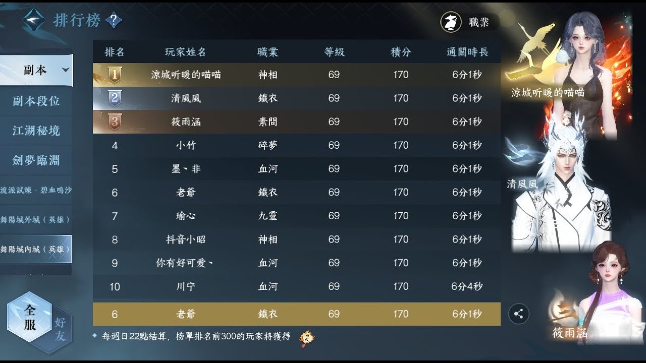 【台服逆水寒手游】舞陽內城170競速鐵衣視角 （純紀錄6分1秒）