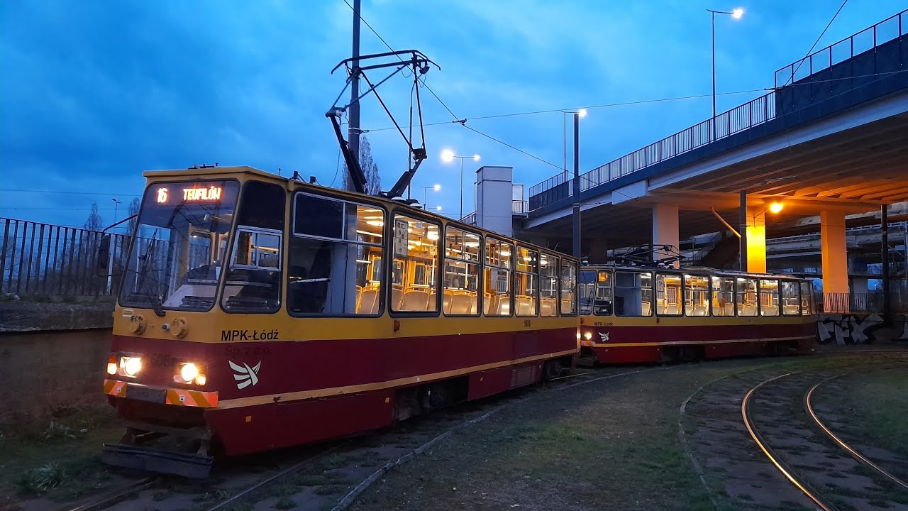Konstal skład 805Na #1606+1607 - MPK Łódź - linia 16 (cz.1 - odjazd z pętli Dw. Łódź Dąbrowa)