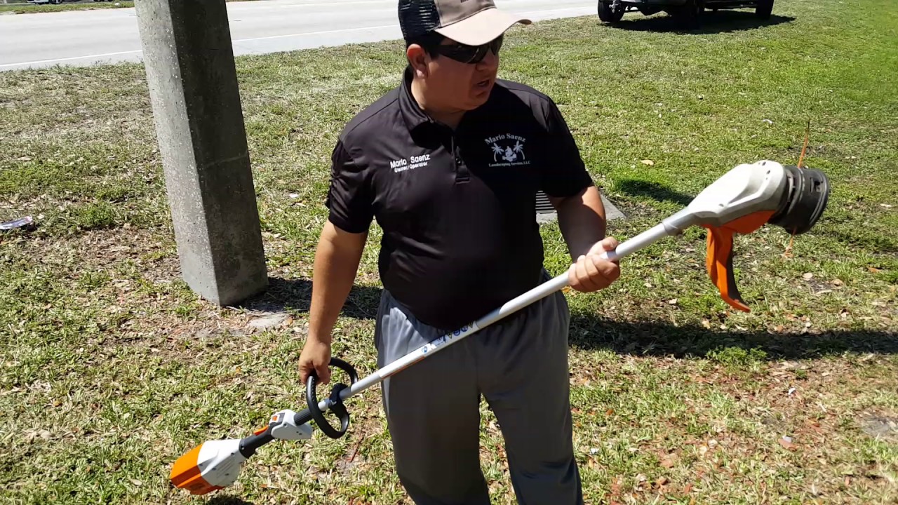 Stihl battery powered weedeater demonstration