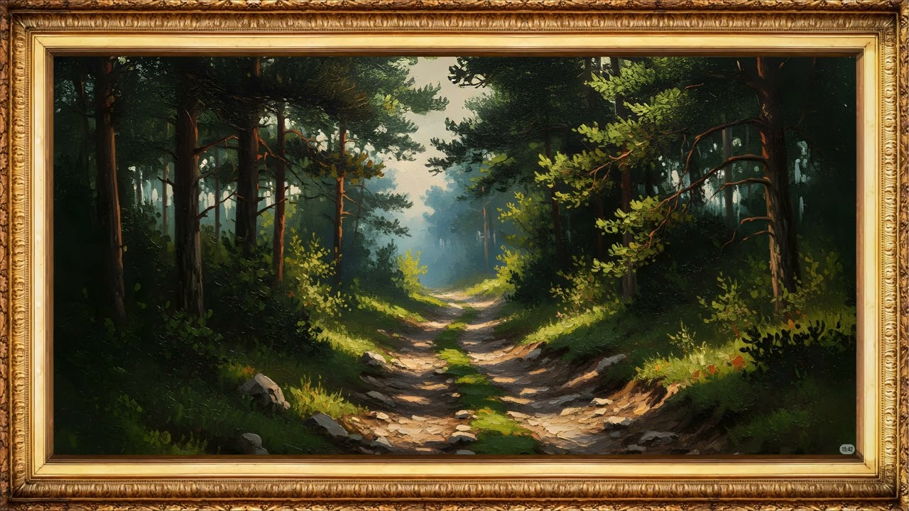 4K TV Wallpaper Art Display | Forest Road Framed - Calm Gallery Screen (Pomodoro Focus Timer)