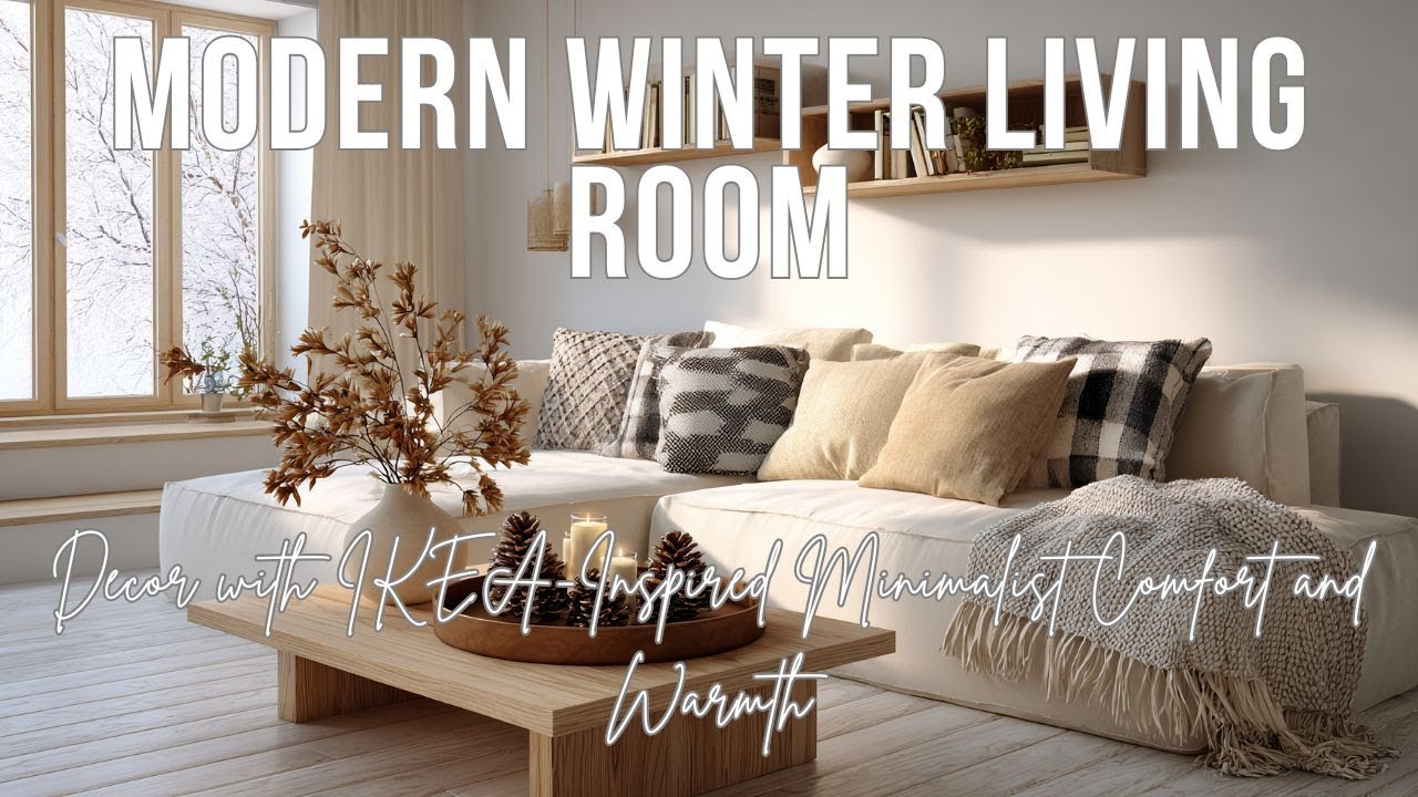 Современный зимний декор гостиной в минималистичном стиле, вдохновленный IKEA, создающий уют и те...