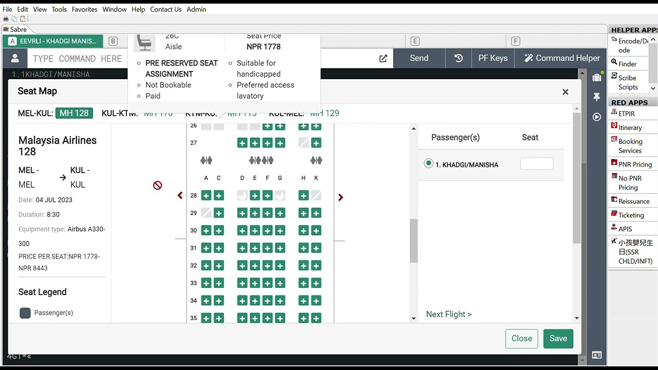 How to select seat located in sabre system ?