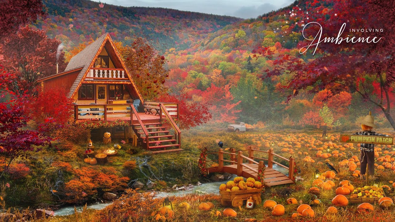 Pumpkin Patch ASMR Ambience🎃🍁Cozy Autumn Ambience with River Sounds, Crackling Fire, Crunchy Leaves
