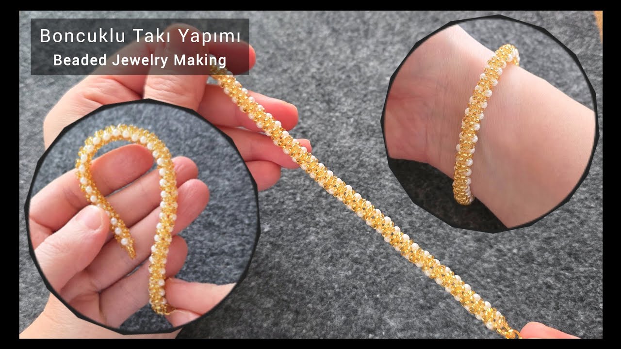 Boncuklu kordon bileklik yapımı. How to make seed and pearl beads rope bracelet. Beading tutorial.