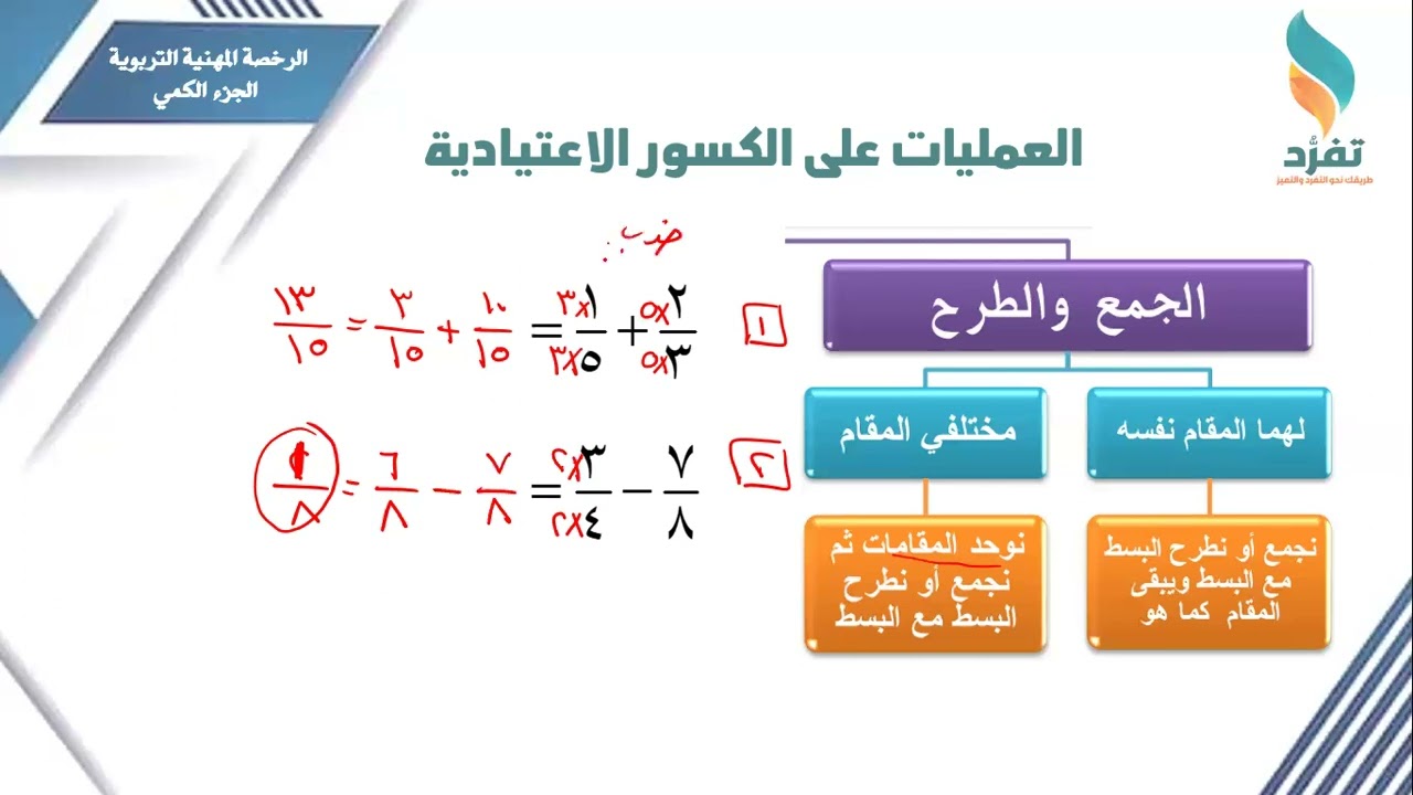 العمليات على الكسور الاعتيادية - الرخصة المهنية (التربوي العام) الجزء الكمي - منصة تفرد