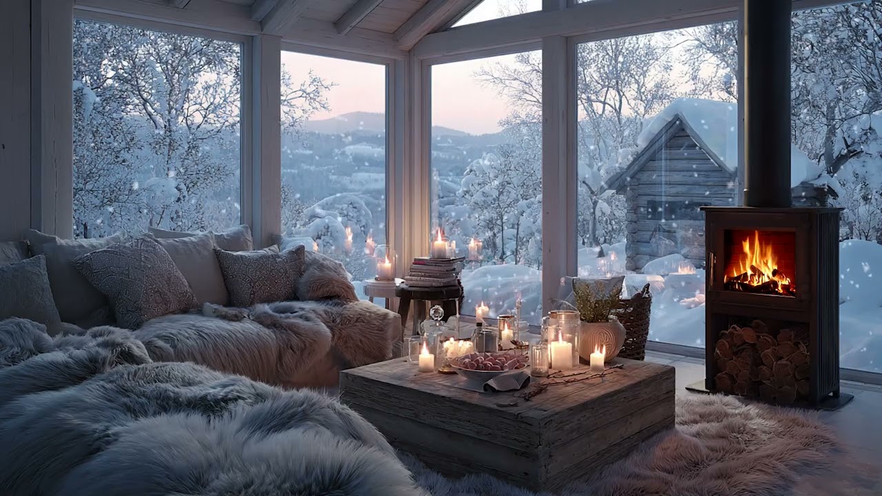Snowy Cabin Midnight Calm | Soft Fireplace Crackle and Peaceful Snowfall