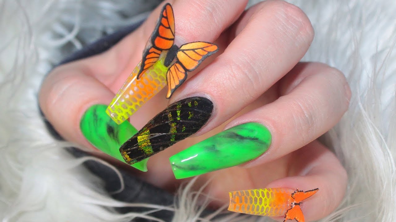 SCULPTURED NAILS REAL BUTTERFLY/MOTH WING MARBLED ACRYLIC TUTORIAL