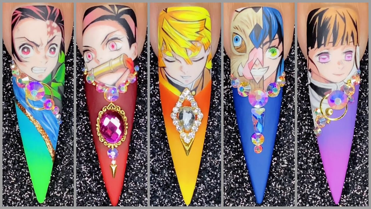 「 Nail Art Designs 」- (5 Characters in Demon Slayer/Kimetsu no Yaiba) Anime Nails Art