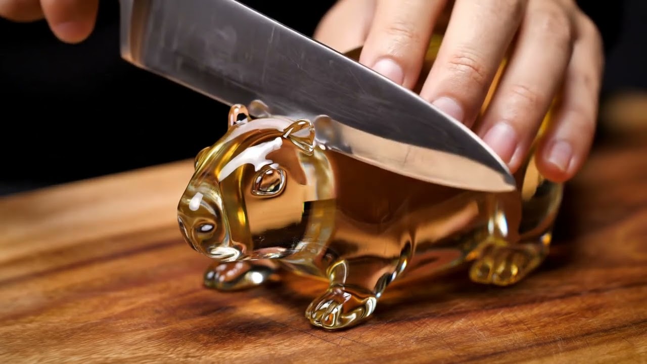 Highly realistic ultra 8K ASMR video of a human hand slicing a hyper-detailed