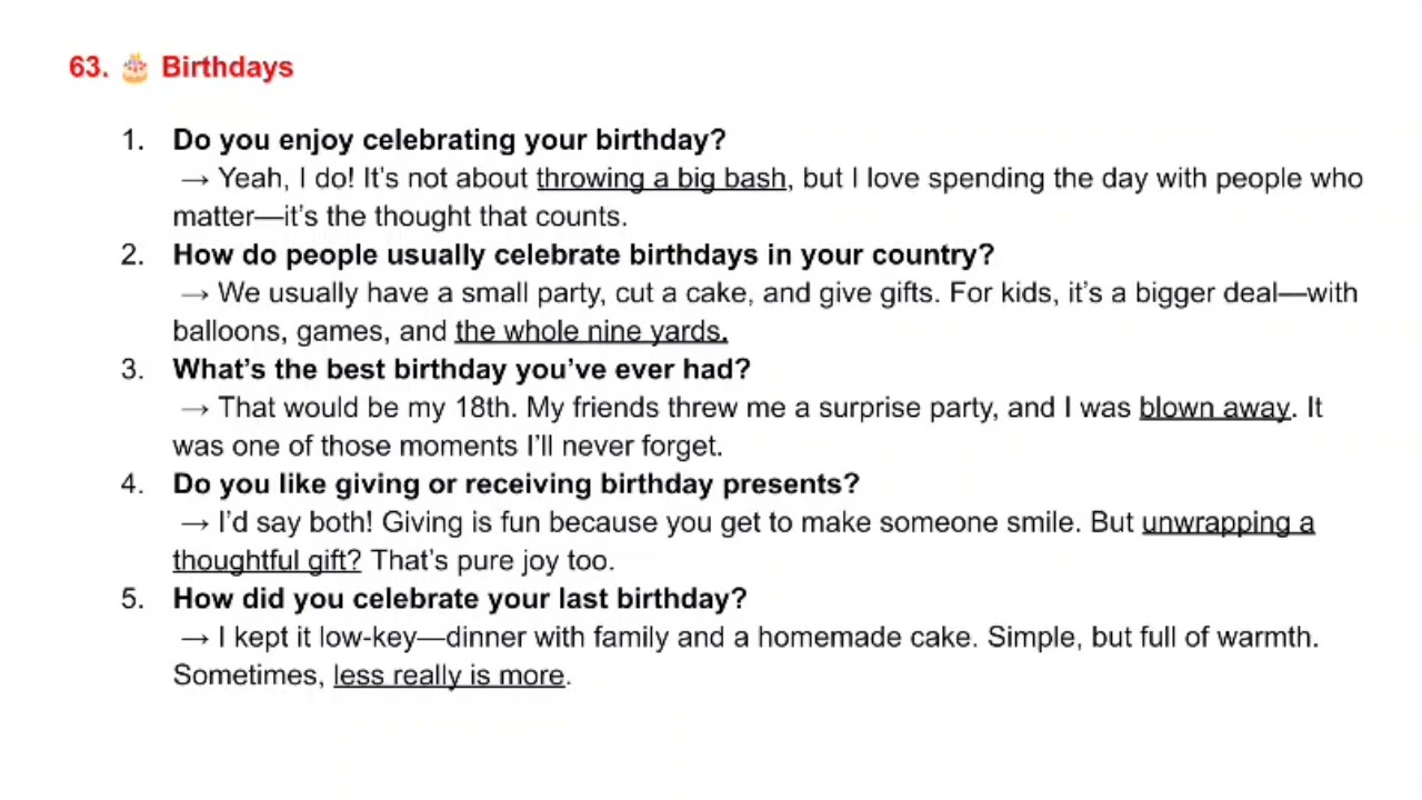 SPEAKING SAMPLE - TOPIC 63 BIRTHDAYS 