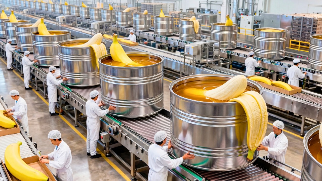 COMO se HACE MILES DE LATAS de BANANAS en ALMIBAR en MEGA FABRICAS  | Proceso completo 🍌
