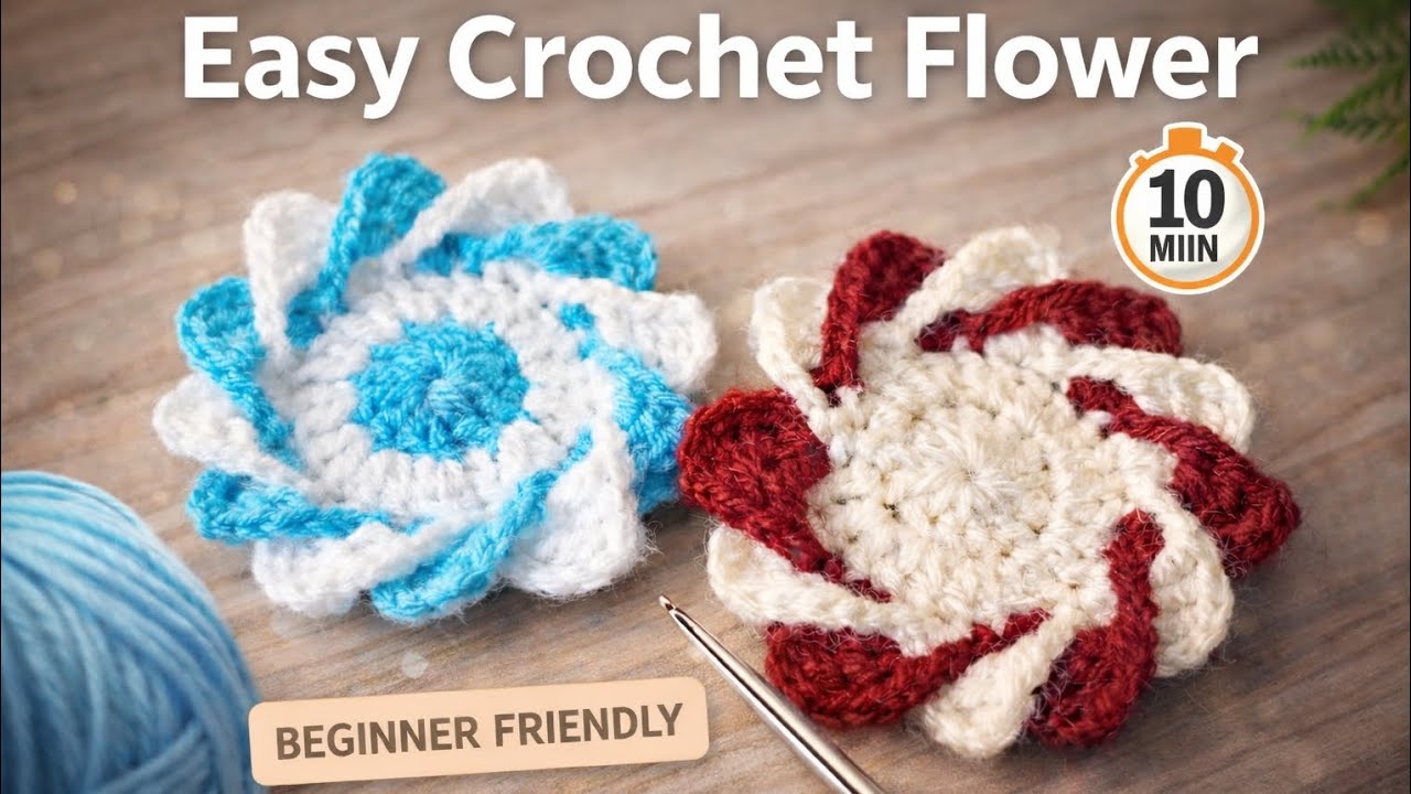 Easy Crochet Flower 🌸 | Beautiful 3D Crochet Flower Tutorial for Beginners | Make It in 10 Minutes 🧶