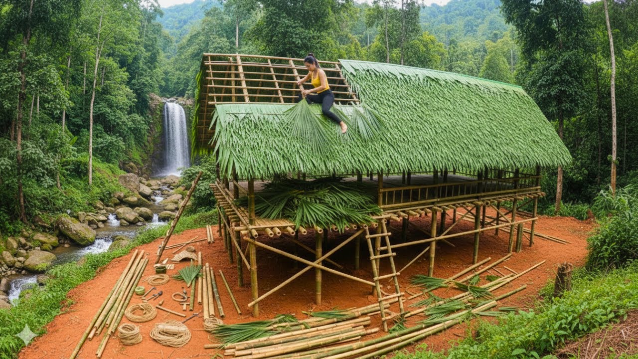 A Girl Builds a Bamboo House in the Forest–Reinforcing the Frame, Roof, and Foundation for Stability