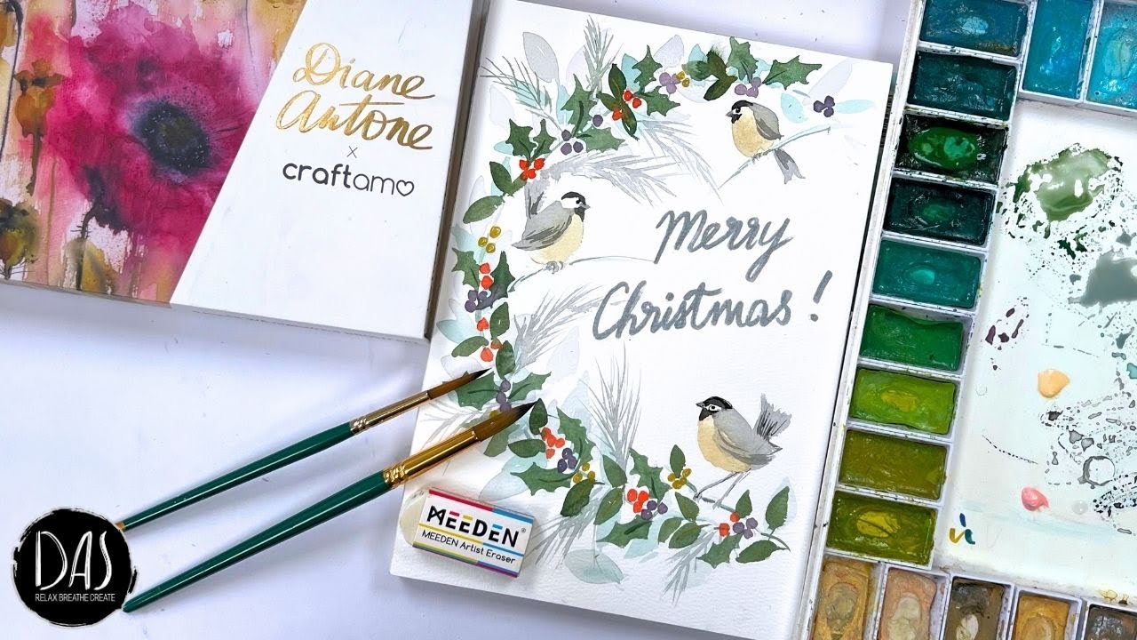 Christmas Wreath with Chickadees and Holly in Watercolor