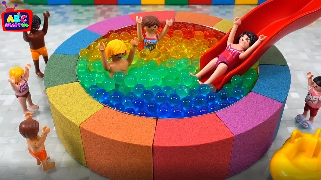 DIY How to make Rainbow Kinetic Sand Slime Pool Play Mobile Surprise Toys Learn Colors for Kids