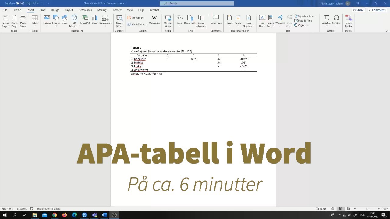 APA-tabell i Word på ca 6 minutter