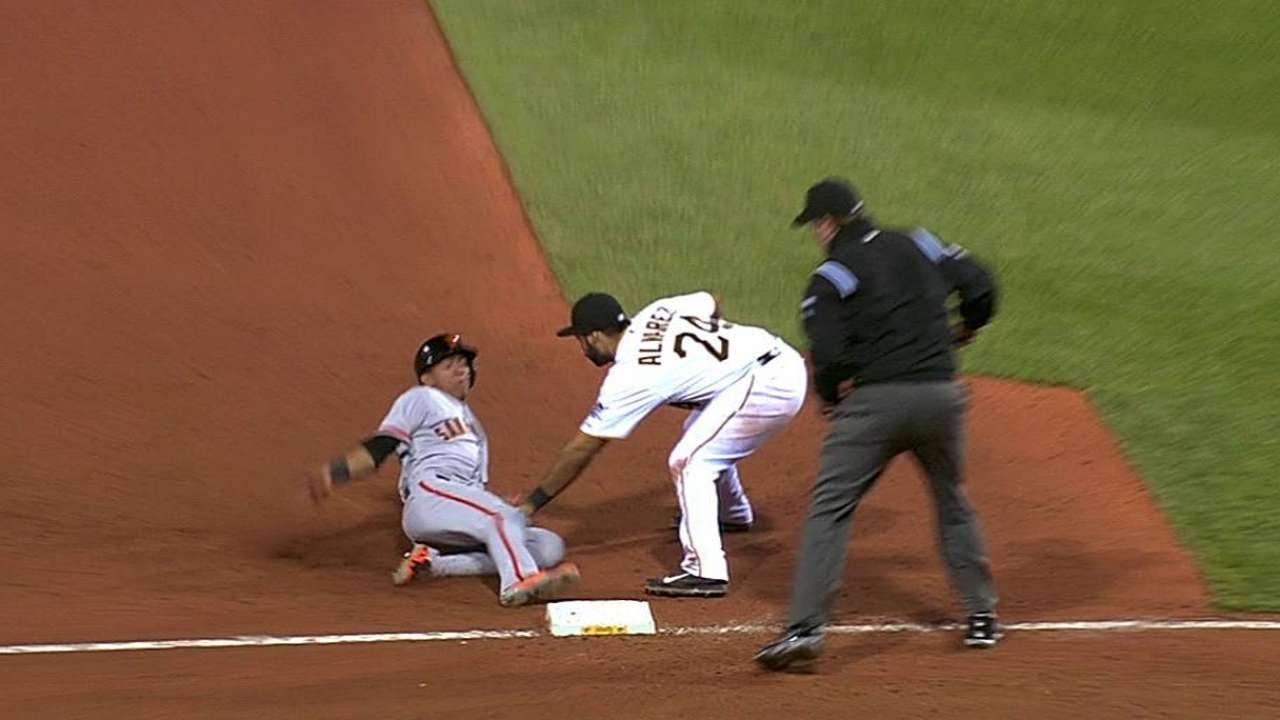 SF@PIT: Tabata throws out Adrianza at third