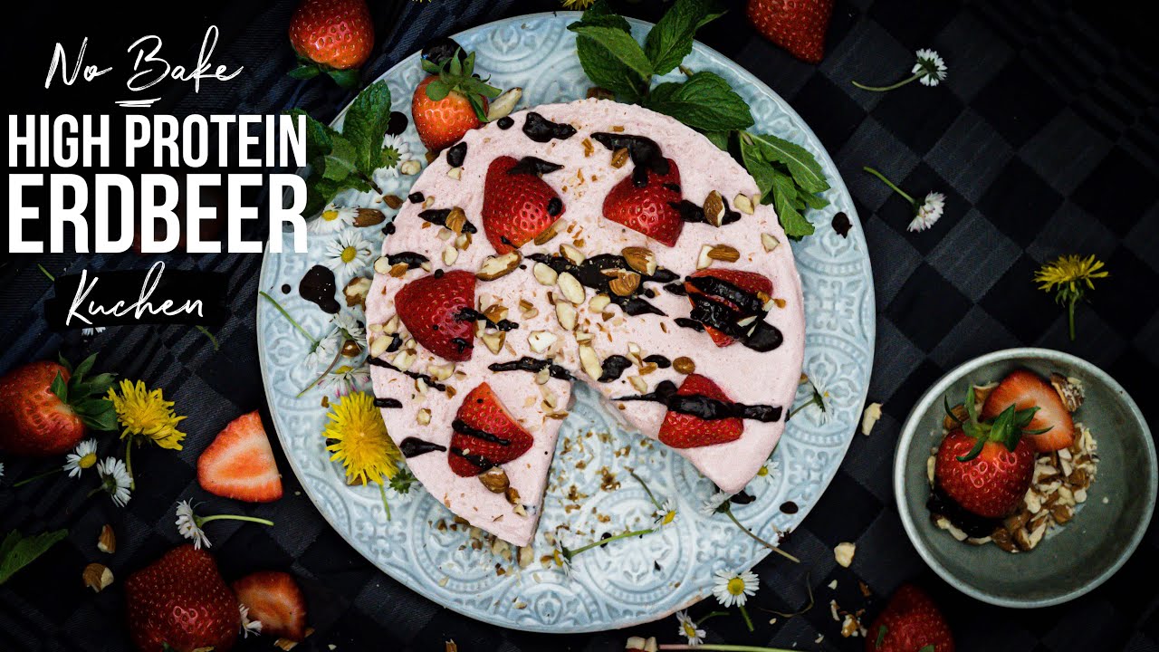HIGH PROTEIN Erdbeer Käsekuchen | Ohne Zucker und ohne Butter | gesunde NO BAKE Torte