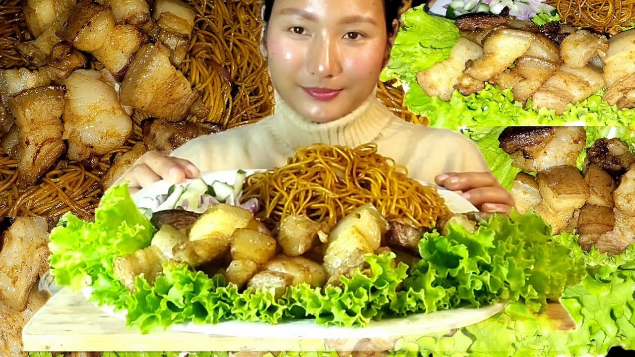 eating pork with lettuce and chowmein mukbang eating