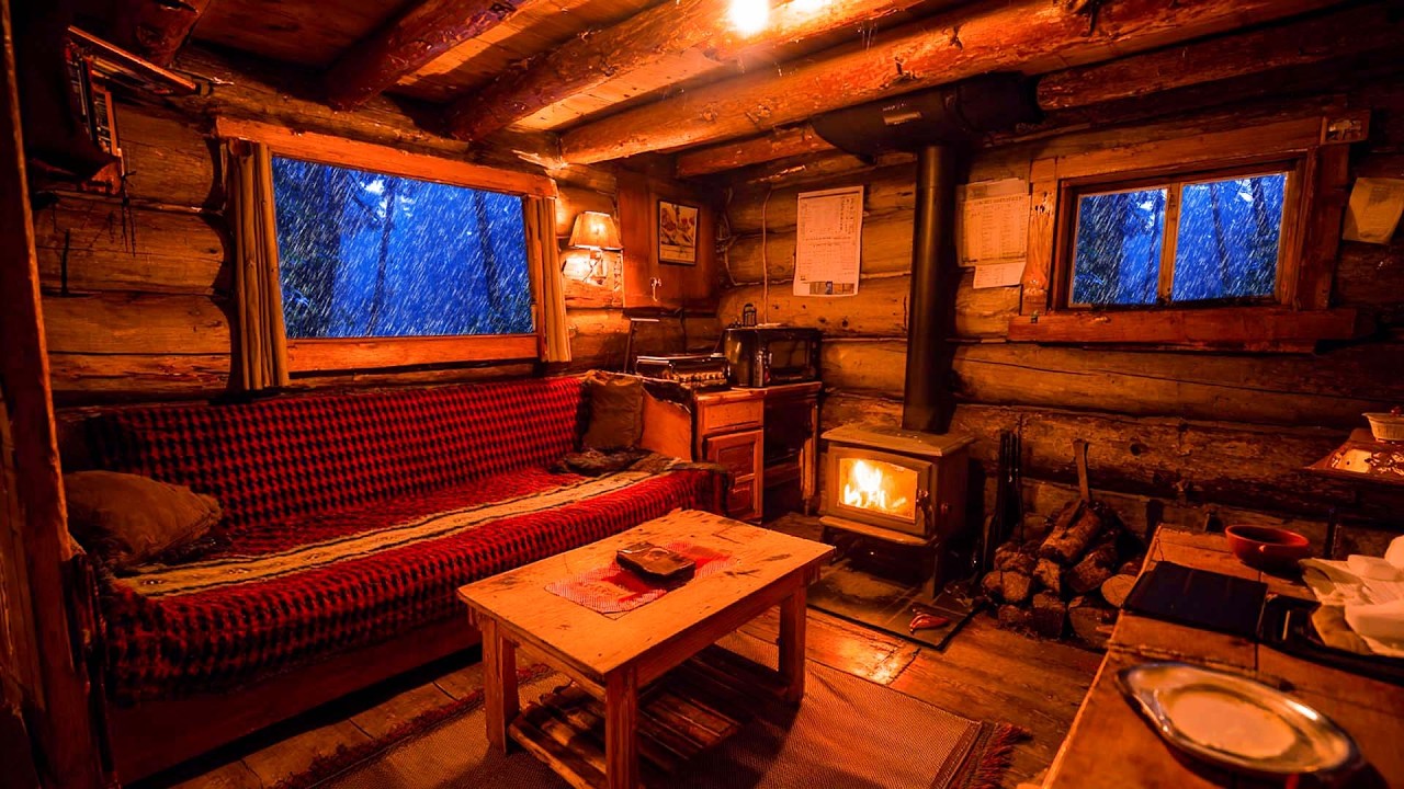 Heavy Rain with Thunder, Lightning + Fire Burning in the Stove for a Relaxing Sleep Experience