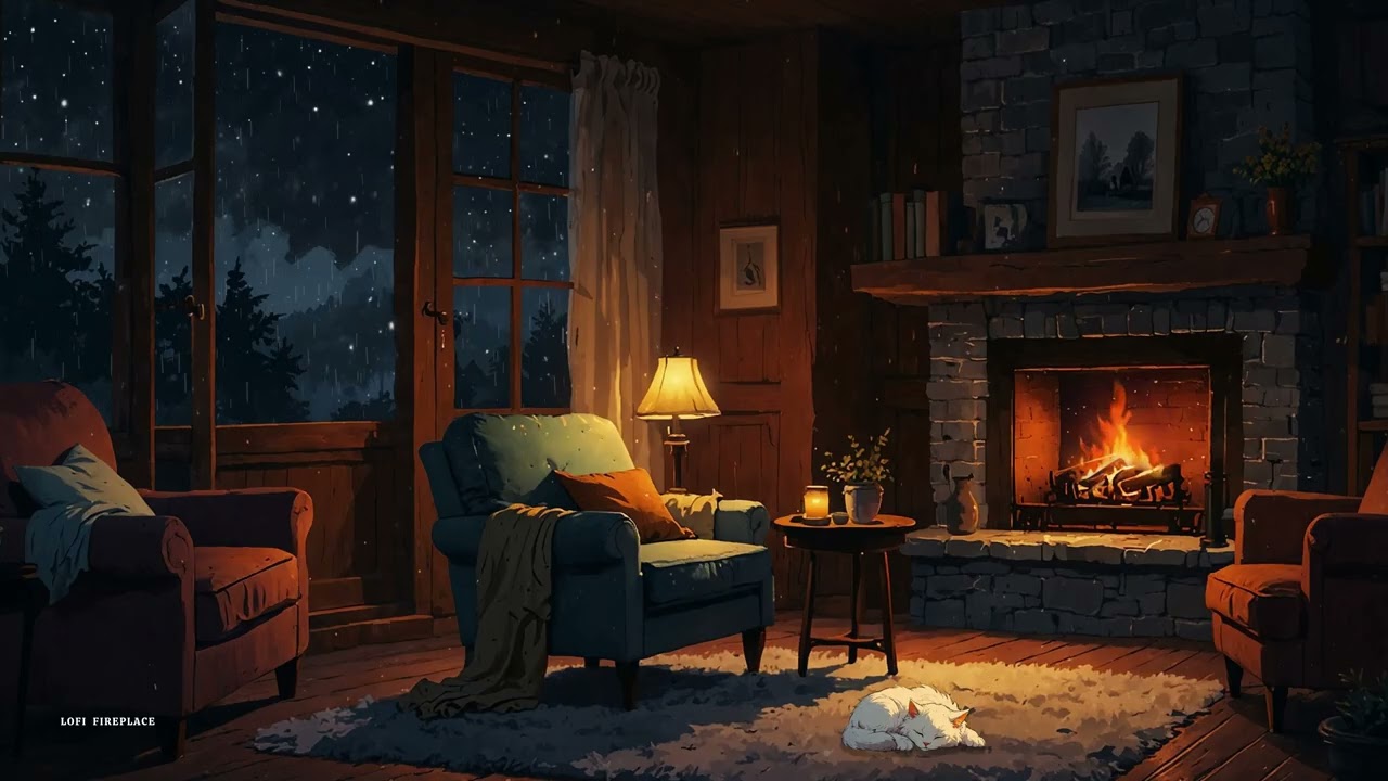 Lofi Fireplace Rainy Night 🌧️ Cozy Cabin Ambience with Fireplace Sounds & Lofi Music (4K)