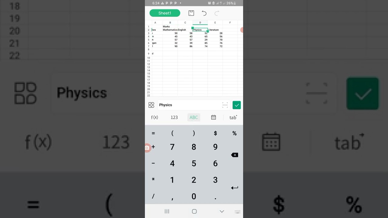 Using Microsoft Excel on android phone.