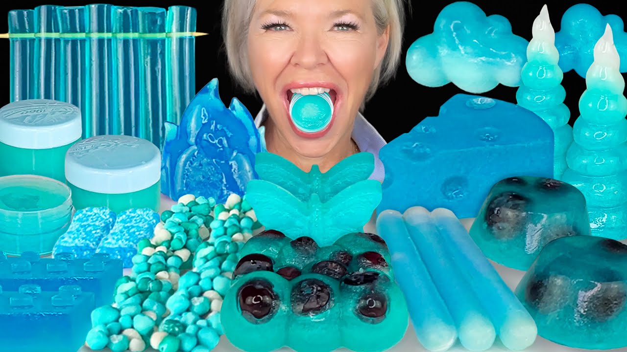 ASMR BLUE JELLY DESSERTS, BLUEBERRY INFUSED JELLY, BLUE KONNYAKU CHEESE, UNICORN JELLY MUKBANG 먹방