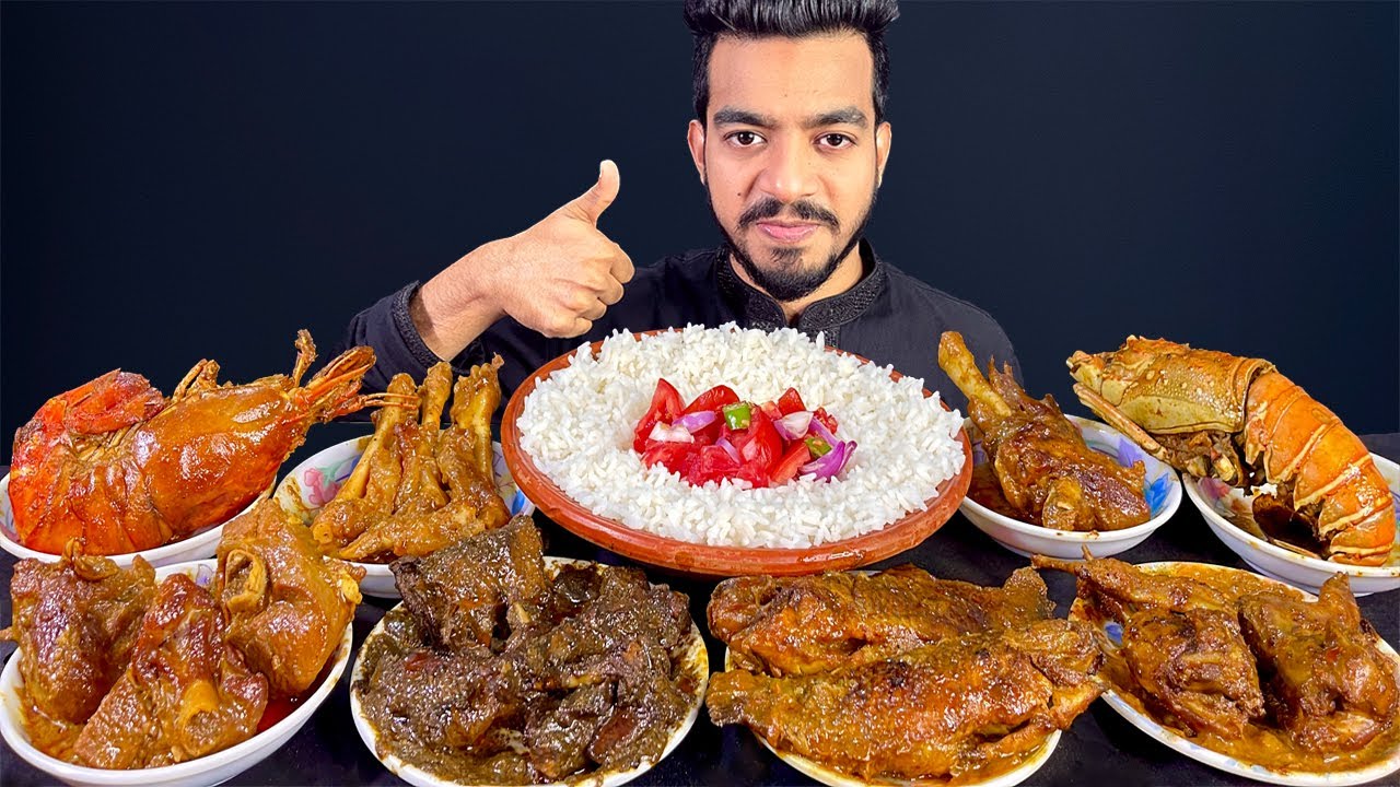 SPICY DUCK CURRY, MUTTON CURRY, GIANT LOBSTER, PRAWN CURRY & FISH CURRY EATING SHOW | ASMR MUKBANG