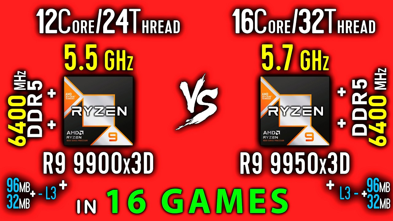 Ryzen 9 9900x3D vs Ryzen 9 9950X3D Test 16 Games | R9 9900x3D vs R9 9950x3D Thermal Power Efficiency