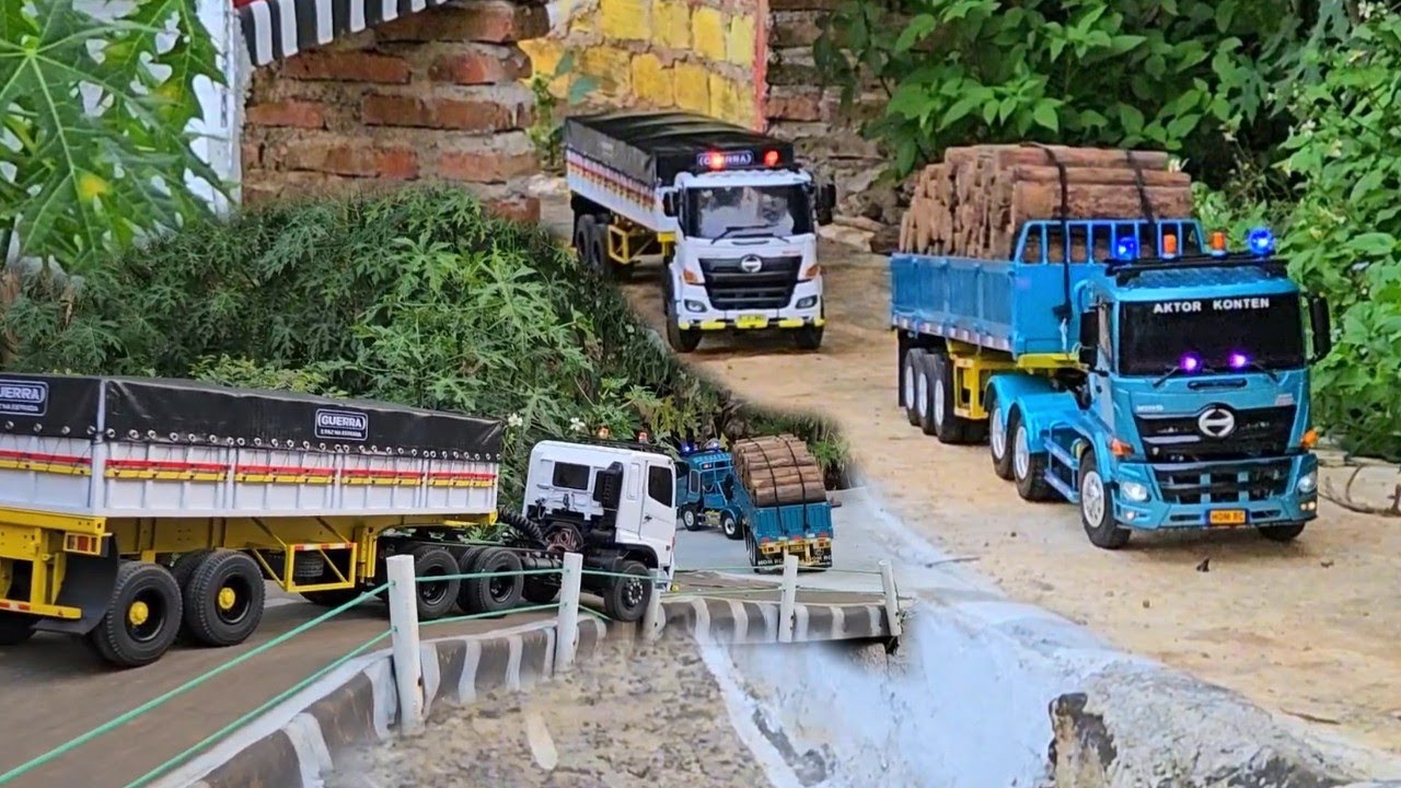 AKSI KE 33 ‼️ Konvoi Rc Truk Hino Trailer Biru VS Truk Trailer Putih Angkut Kayu Nabrak Batas Jalan