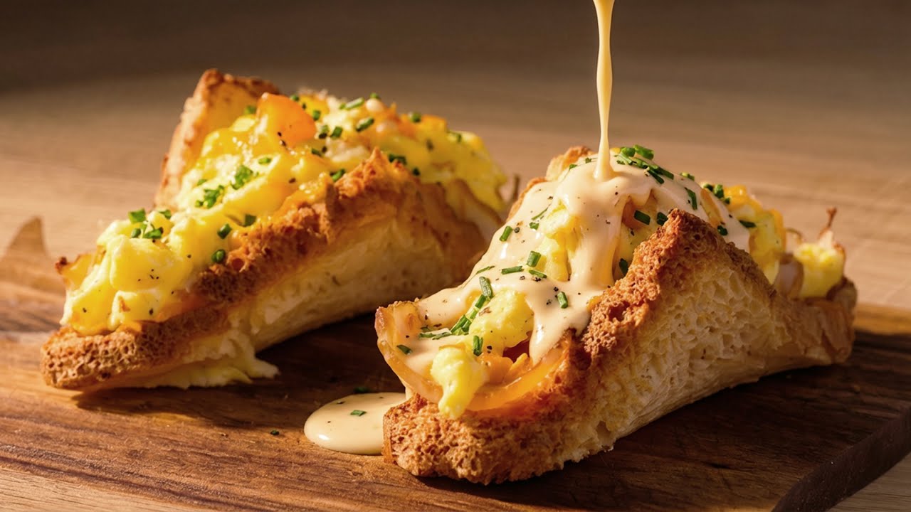Weiche Eier! Mit knusprigem Knoblauchtoast! Speck, Ei und Toast! Einfache Rezept