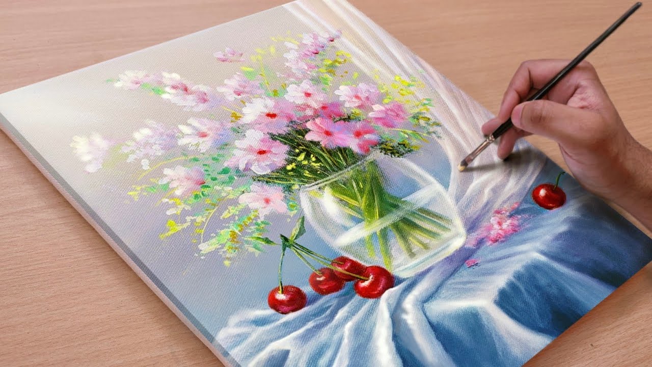 Painting Beautiful Vibrant Flowers in a Vase / Acrylic painting / Art paintings