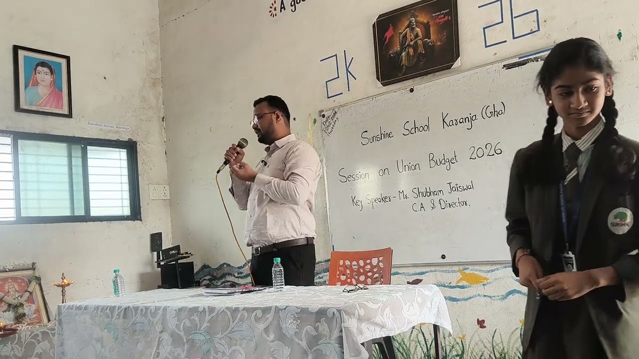 Lecture on Union Budget 2026 in Sunshine School Karanja by Mr. Shubhamji Jaiswal, C. A.Karanja 